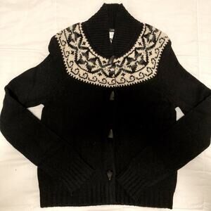 J. Crew Black and Cream Fair Isle Cardigan Sweater Size M